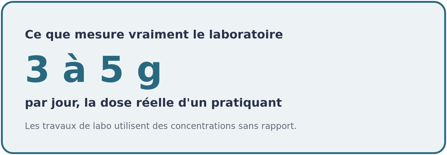 Mise en perspective des études de laboratoire : un pratiquant prend 3 à 5 grammes de créatine par jour, loin des concentrations utilisées en éprouvette.