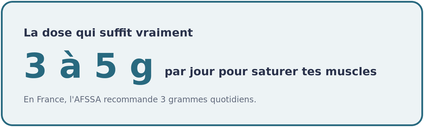 Dose quotidienne de créatine retenue par les études et les autorités sanitaires : 3 à 5 grammes par jour suffisent à saturer les muscles.