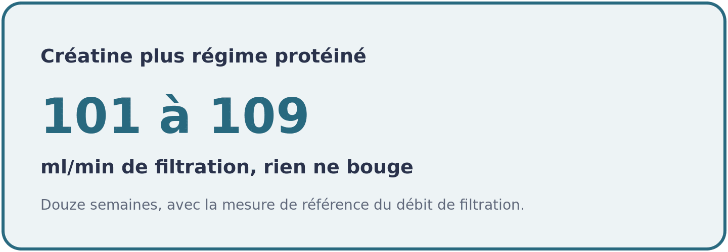 Visuel montrant que le débit de filtration rénale est passé de 101 à 109 ml/min chez des pratiquants cumulant créatine et régime riche en protéines.