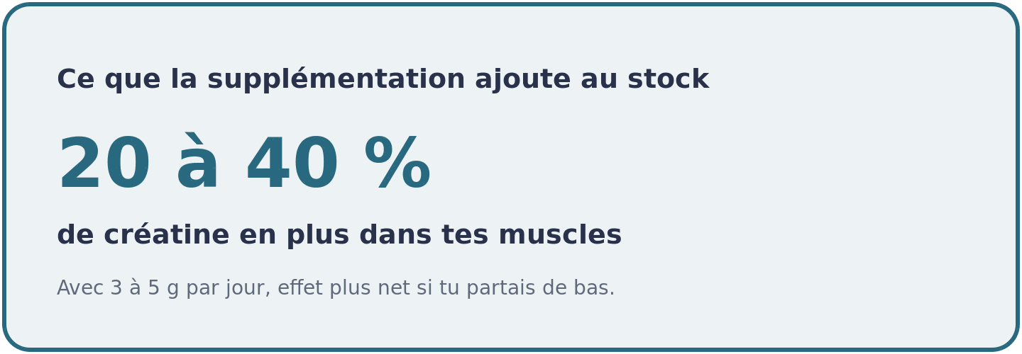 Visuel indiquant que 3 à 5 g de créatine par jour augmentent le stock musculaire de 20 à 40 %, surtout chez les personnes aux réserves basses.
